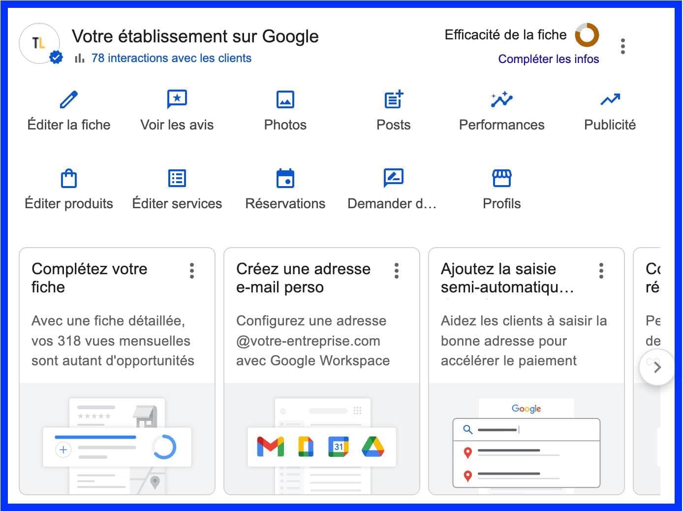 Tableau de bord - Fiche Google Business Profile